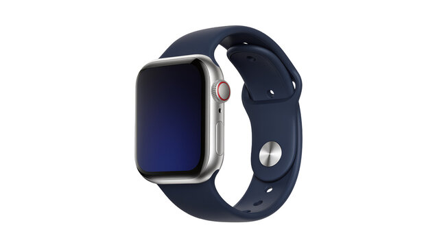Silver smartwatch with dark blue band, isolated on transparent background