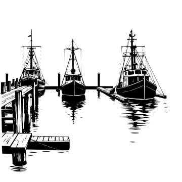Black and white silhouette illustration of three fishing boats docked at a wooden pier in a calm harbor, vector graphic design.