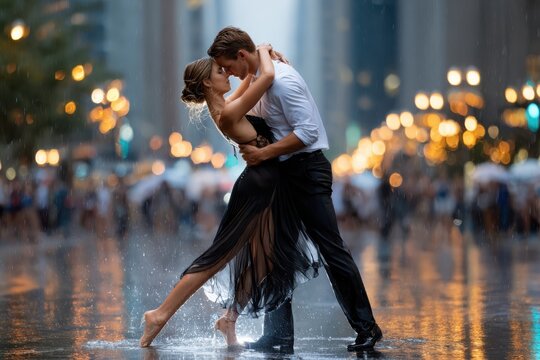 Couple dances intimately in the rain on a bustling city street at twilight