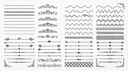 Fototapeta premium Decorative line dividers and elegant ornate swirl flourishes designed for professional page layout embellishment and stylish artistic text separation in modern black ink graphic digital illustration