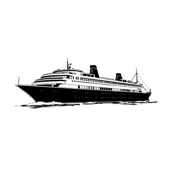 Detailed black silhouette vector illustration of a modern luxury cruise ship sailing on the ocean, isolated on a clean white background.