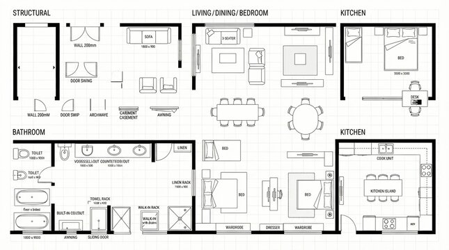 Detailed architectural floor plan design showcasing residential layout with labeled furniture dimensions and structural elements rendered in a clean minimalist black and white technical line style
