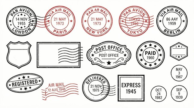 Vintage postal stamps collection featuring various international cities dates and air mail markings in black and red ink isolated on a clean white background texture