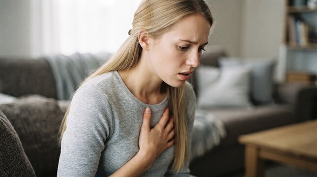 Young woman holding chest in pain inside living room with distressed blonde woman clutching her chest while sitting sofa domestic interior palpitation
