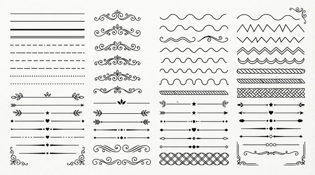Decorative line dividers and elegant ornate swirl flourishes designed for professional page layout embellishment and stylish artistic text separation in modern black ink graphic digital illustration