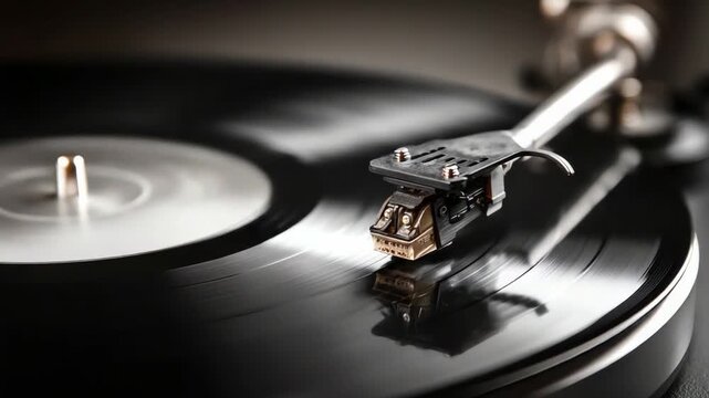 Retro Rhythm: A close-up shot captures the intricate detail of a stylus resting on a spinning vinyl record, evoking a nostalgic connection to classic music and analog sound.