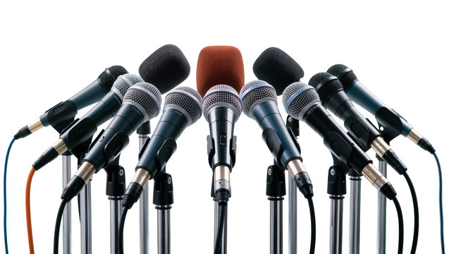 Multiple microphones arranged in a semi-circle, isolated on transparent background