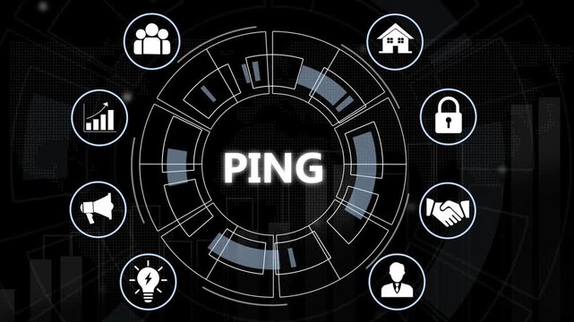 Dynamic ping network connectivity hud interface featuring animated digital circular data nodes, global business communication cyber security infrastructure, and futuristic information technology