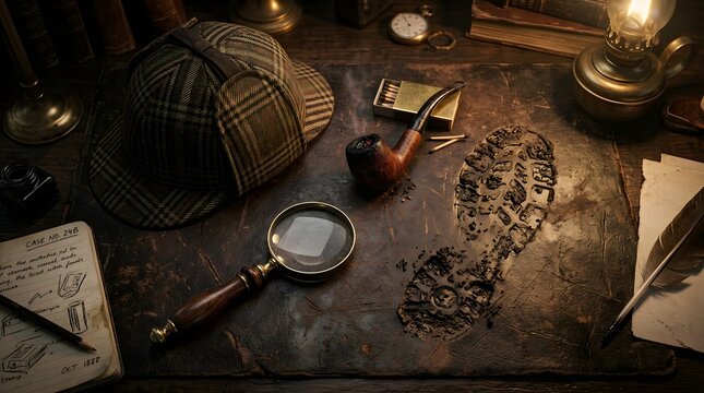 Detective desk with deerstalker hat magnifying glass and pipe