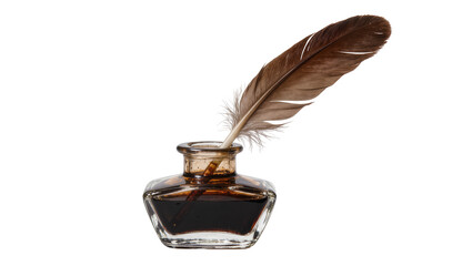 Brown feather quill dipping into dark ink in a glass inkwell, isolated on transparent background © Denis