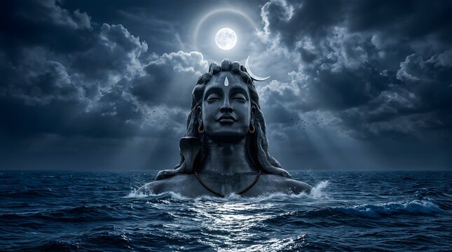 Giant statue of Lord Shiva rising from dark ocean waters under a full moon