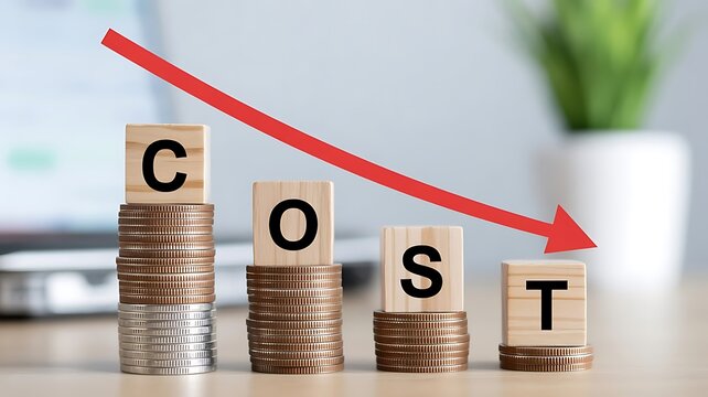 Stacks of coins with wooden blocks spelling cost and a red downward arrow representing financial reduction and business expense management strategy