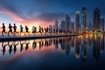 Obraz premium Evening marathon beside the city skyline with vibrant reflections in the water