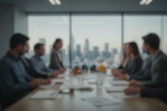 Blurred architects discussing construction plans during a project meeting in a modern office.