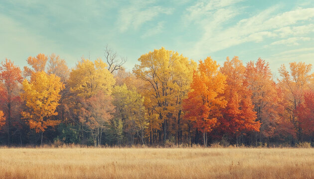 Autumn forest entrance trees straw field landscape