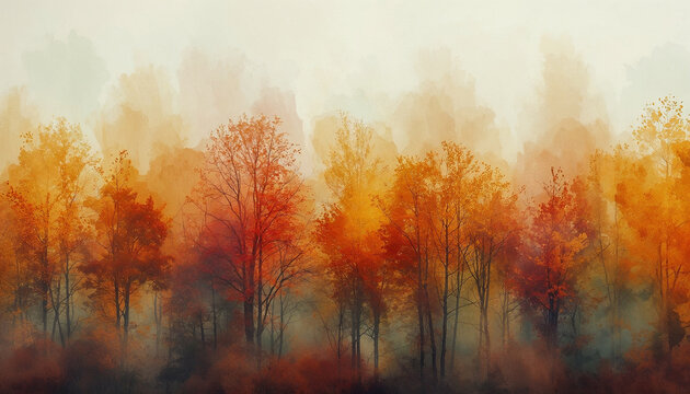 Autumnal watercolour trees painting misty sky background