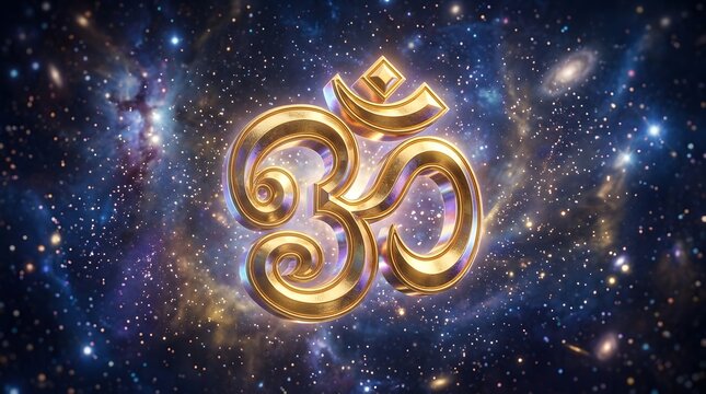Golden Om Symbol Floating in Outer Space with Glowing Cosmic Nebula
