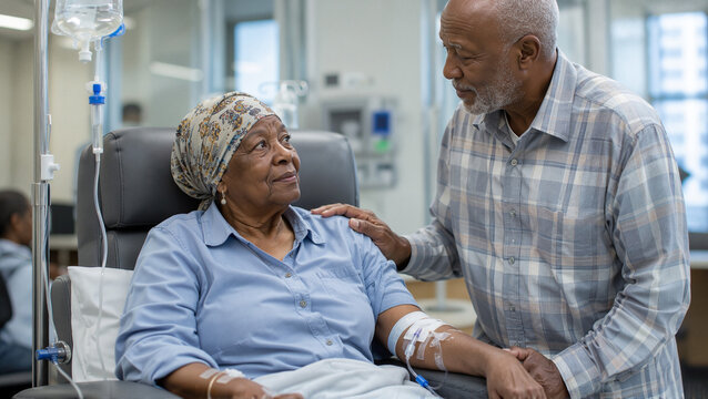 Emotional support for elderly woman receiving treatment in hospital with caring husband beside her. Illness journey includes cognitive aspects related to memory, anxiety,