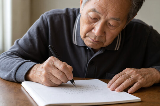 Elderly man engaging in cognitive activity with pen and puzzle on table. Mental exercises stimulate brain function and memory retention. Concept for promoting brain health among elderly individuals.