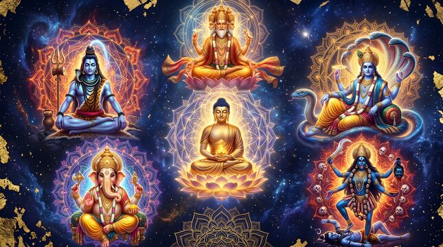 Hindu deities and Buddha meditating in cosmic space with sacred geometry