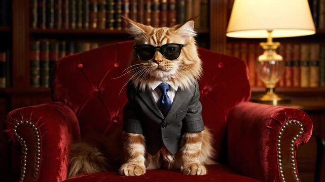 Cat wearing suit and sunglasses on armchair in professional business attire