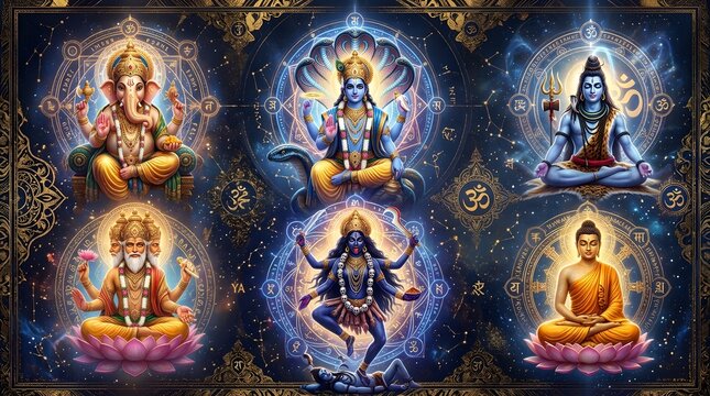Hindu Deities Collection with Ganesha Vishnu Shiva Brahma Kali and Buddha