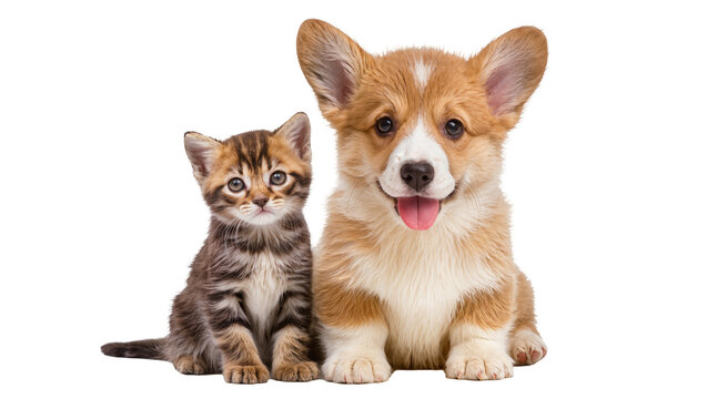 Cute tabby kitten and Pembroke Welsh Corgi puppy sitting together, isolated on transparent background