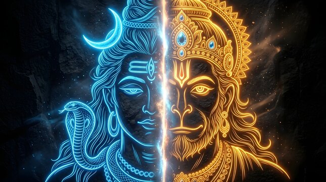 Hindu deities Shiva and Hanuman glowing neon artistic fusion portrait