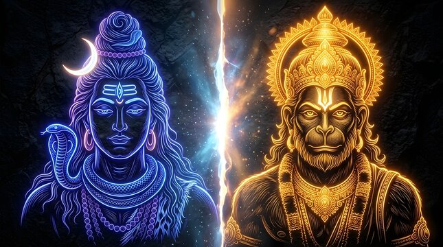 Hindu deities Lord Shiva and Lord Hanuman neon glowing line art portrait