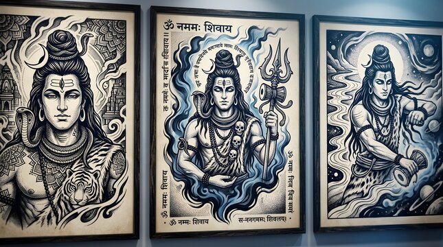 Hindu god Shiva framed art prints hanging on a wall showing divine deity illustrations