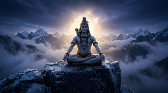 Hindu God Shiva meditating on high snowy mountain peak at sunset