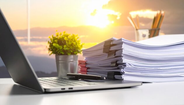 Stack of Papers and Books on Office Desk with Laptop, Computer Monitor, and Workplace Essentials in Modern Business Interior Setting