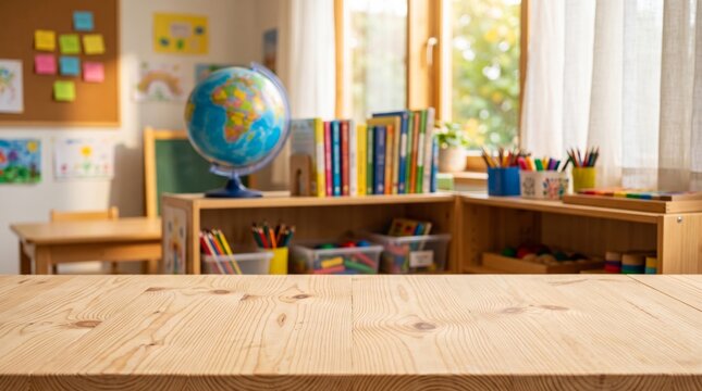 Empty wooden table top in kindergarten classroom with blurred globe, books, and window background