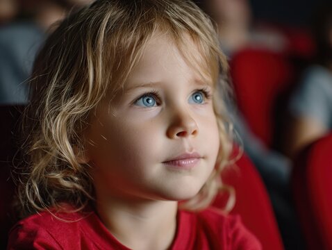 Little girl with blue eyes watching something with amazement, cinematic close-up