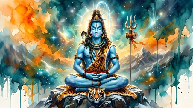 Hindu god Shiva meditating peacefully on a snowy mountain peak during cosmic night