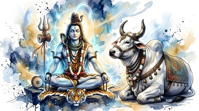 Hindu god Shiva meditating with nandi bull and tiger skin in watercolor art