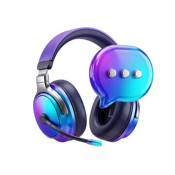 Modern headset with iridescent colors and a speech bubble icon symbolizing communication and technology transparent background