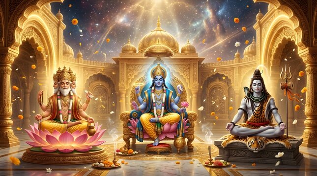 Hindu Trinity Brahma Vishnu and Shiva Sitting in a Golden Celestial Palace
