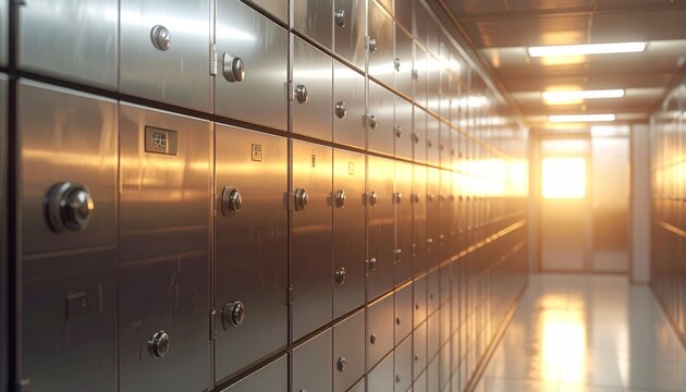 Modern Steel Bank Vault Door and Safe Deposit Box Room Interior with Secure Metal Entrance, Business Building Corridor, and Contemporary Architecture Design