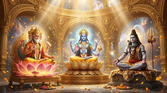 Hindu Trinity Trimurti Brahma Vishnu and Shiva in Golden Temple Palace
