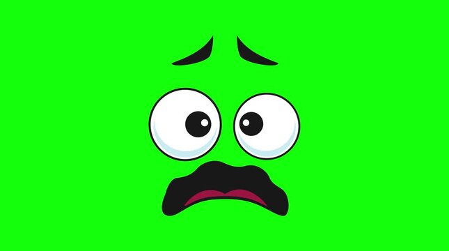 Animated Scared Cartoon Face with Wide Eyes and Mouth Zooming Out on Green Screen Chroma Key