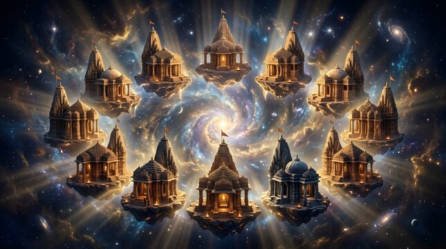 Indian temples floating in a circle against a glowing cosmic nebula