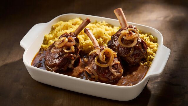 Delicious roasted lamb shanks with mashed potatoes in a white dish