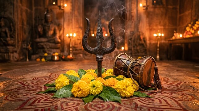 Iron trishula and damru drum surrounded by yellow flowers in Hindu temple