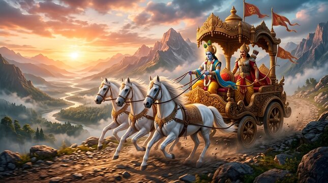 Lord Krishna and Arjuna riding a golden chariot at sunset in mountains