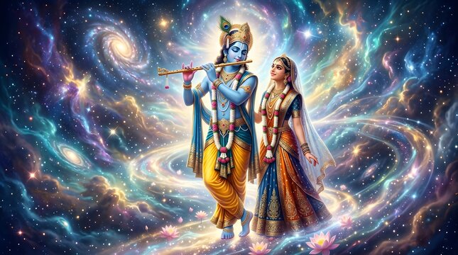 Lord Krishna and Radha playing flute in a glowing cosmic galaxy with stars
