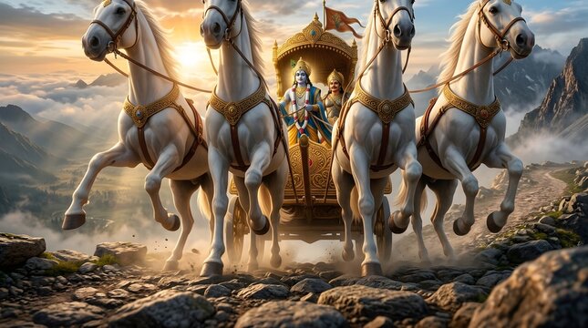 Lord Krishna and Arjuna riding a golden chariot pulled by white horses