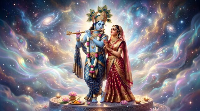 Lord Krishna playing flute with Radha standing on platform in galaxy