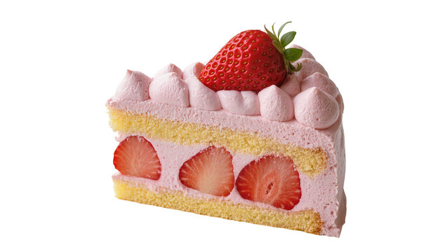 Fluffy strawberry cake slice with fresh fruit and pink cream, isolated on transparent background