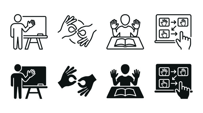 Classroom teaching and interactive learning icon set with instructor and study tools education teaching learning